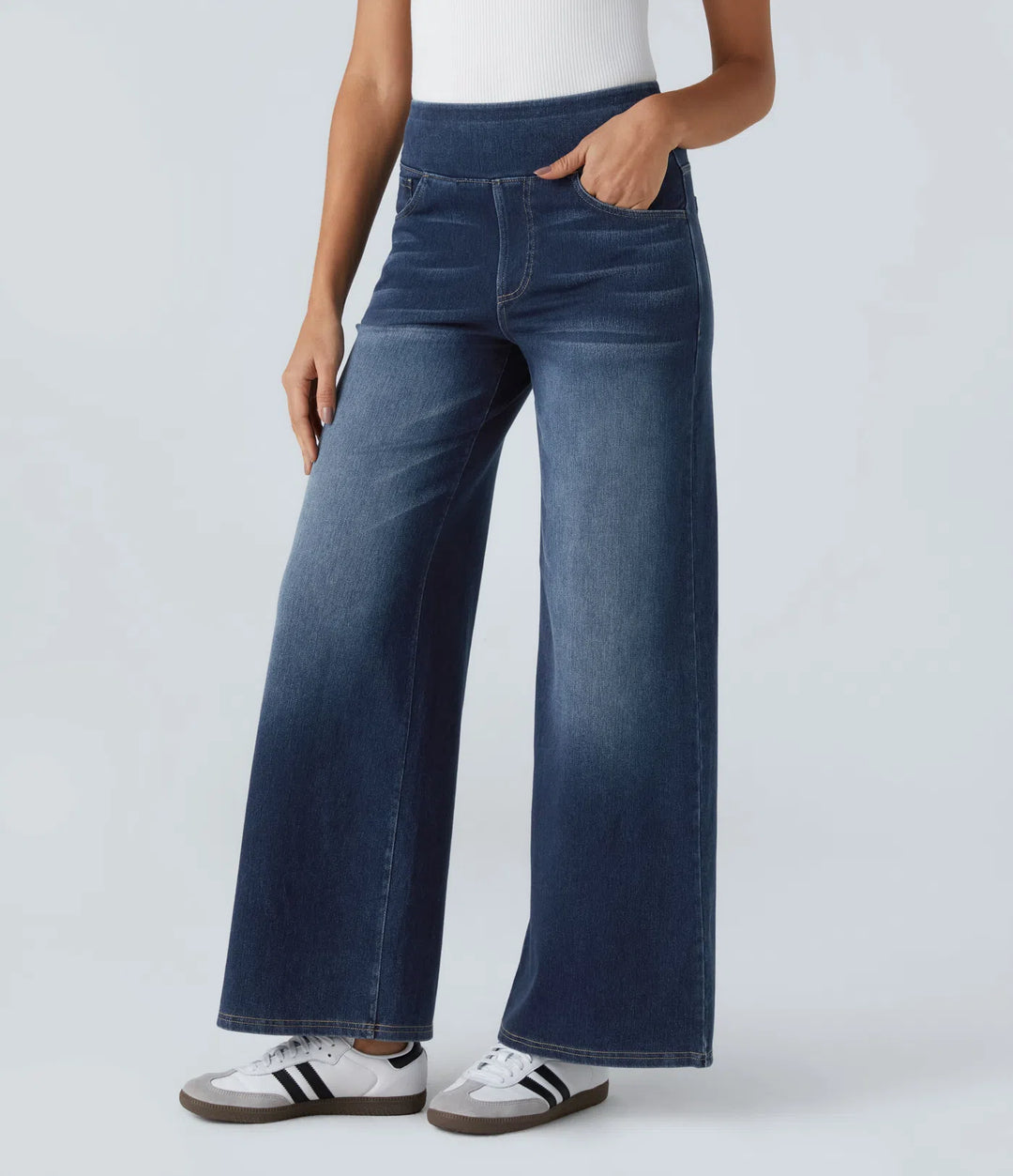 Willow – High Waisted Baggy Wide Leg Knit Jeans with Pockets