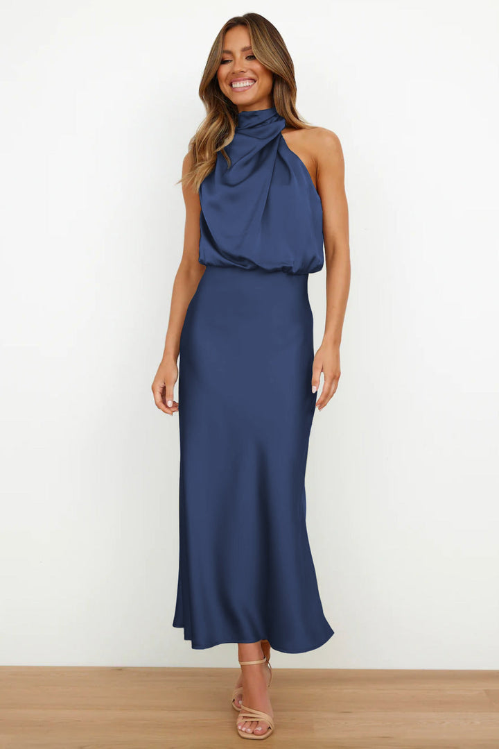 Lily – Elegant Halter Neck Satin Maxi Dress
