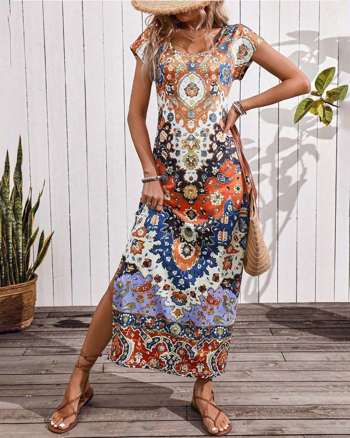 Vibrant Printed Casual Dress with Side Slits