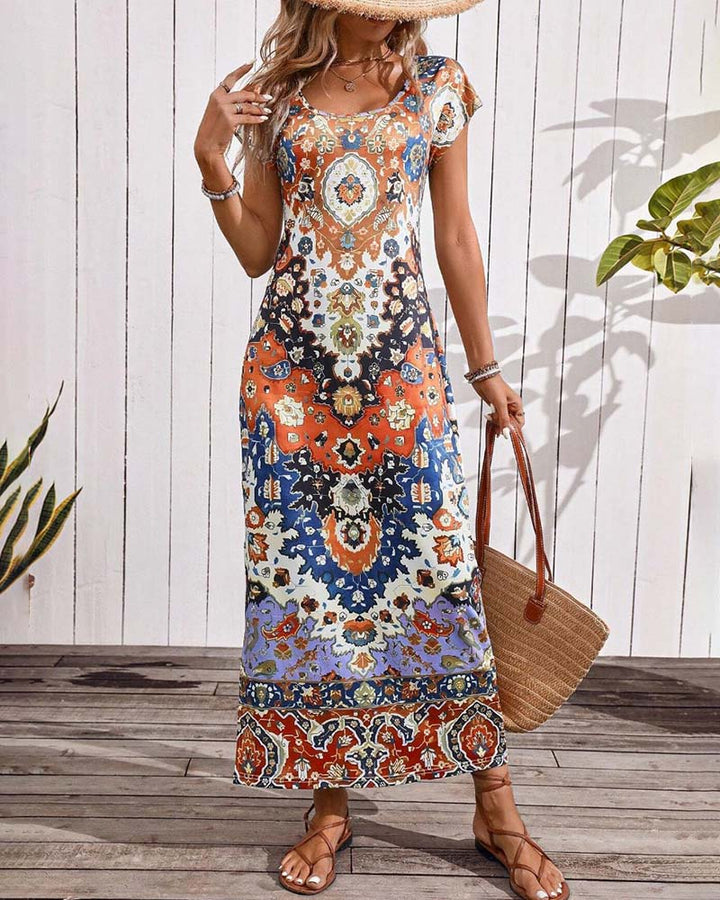 Vibrant Printed Casual Dress with Side Slits