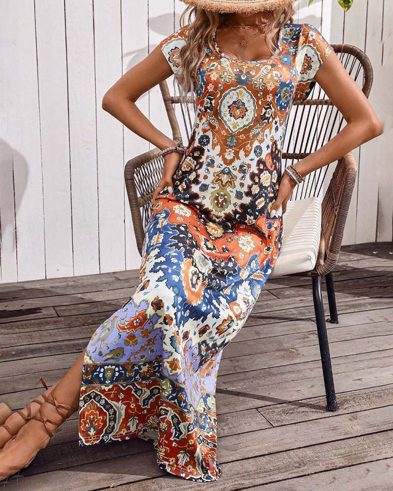 Vibrant Printed Casual Dress with Side Slits
