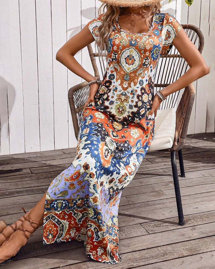 Vibrant Printed Casual Dress with Side Slits