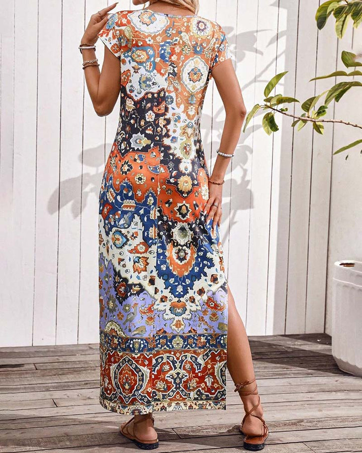 Vibrant Printed Casual Dress with Side Slits