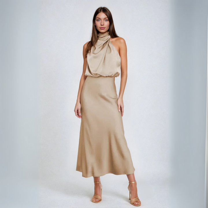 Carlina | Long Satin Dress with Halter Neck