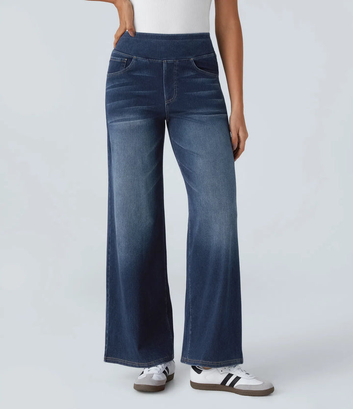 Willow – High Waisted Baggy Wide Leg Knit Jeans with Pockets