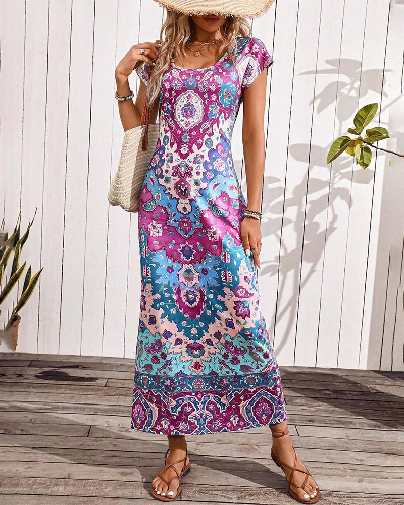 Vibrant Printed Casual Dress with Side Slits