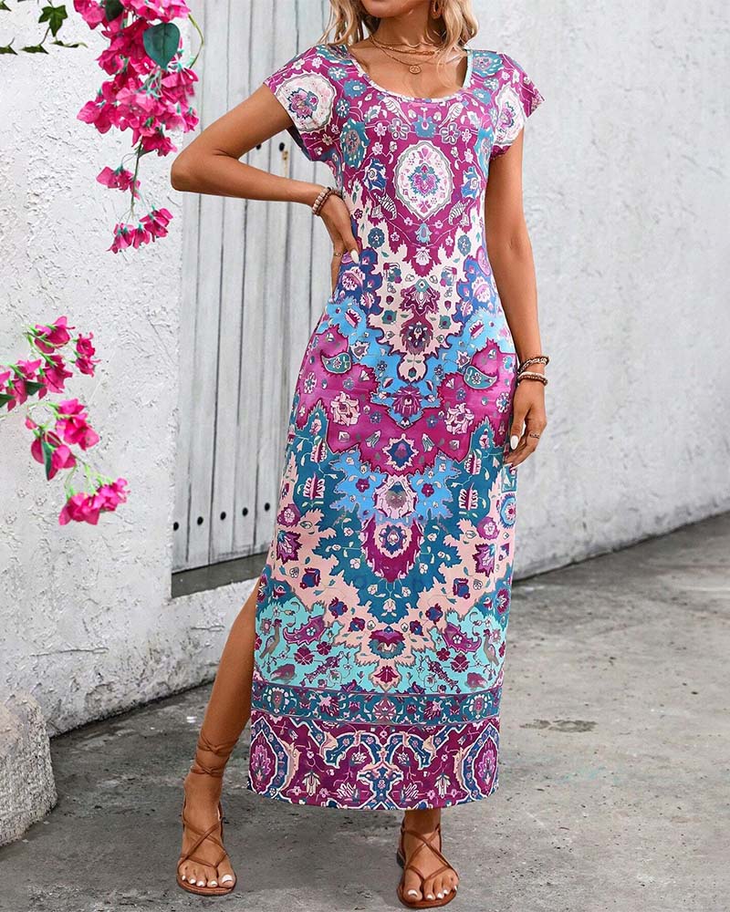 Vibrant Printed Casual Dress with Side Slits
