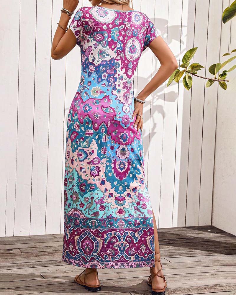 Vibrant Printed Casual Dress with Side Slits