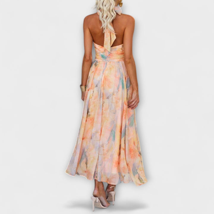 Isalyn™ | Halter-Neck Watercolor Print Maxi Dress