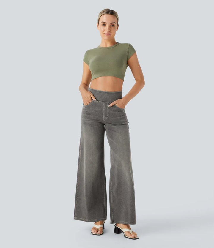 Willow – High Waisted Baggy Wide Leg Knit Jeans with Pockets