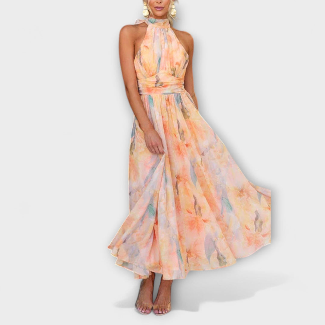 Isalyn™ | Halter-Neck Watercolor Print Maxi Dress