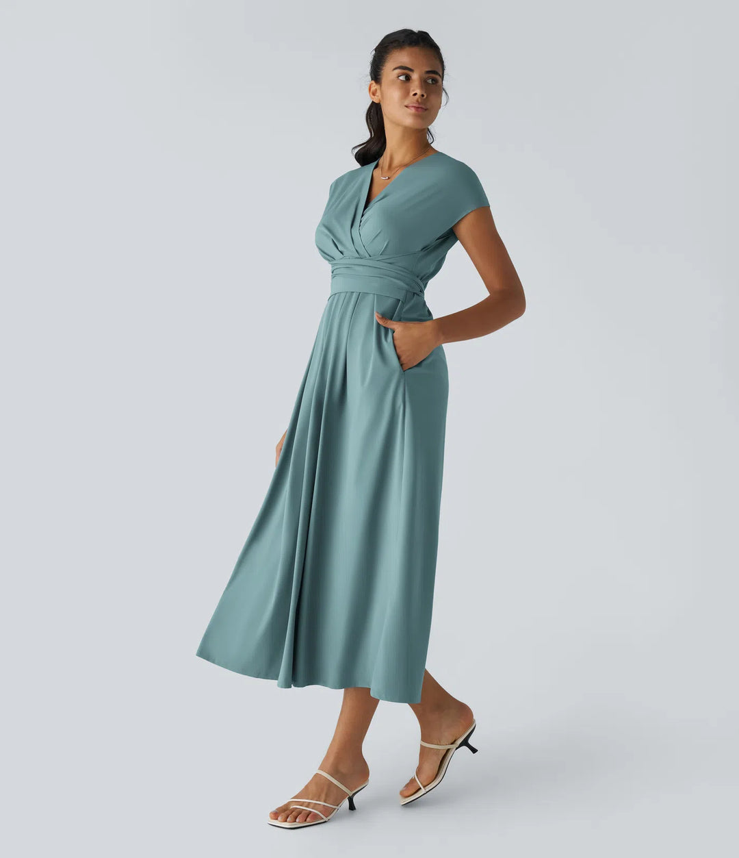 Breezeful™ V Neck Short Sleeve Side Pocket Tie Back Quick Dry Midi Casual Dress