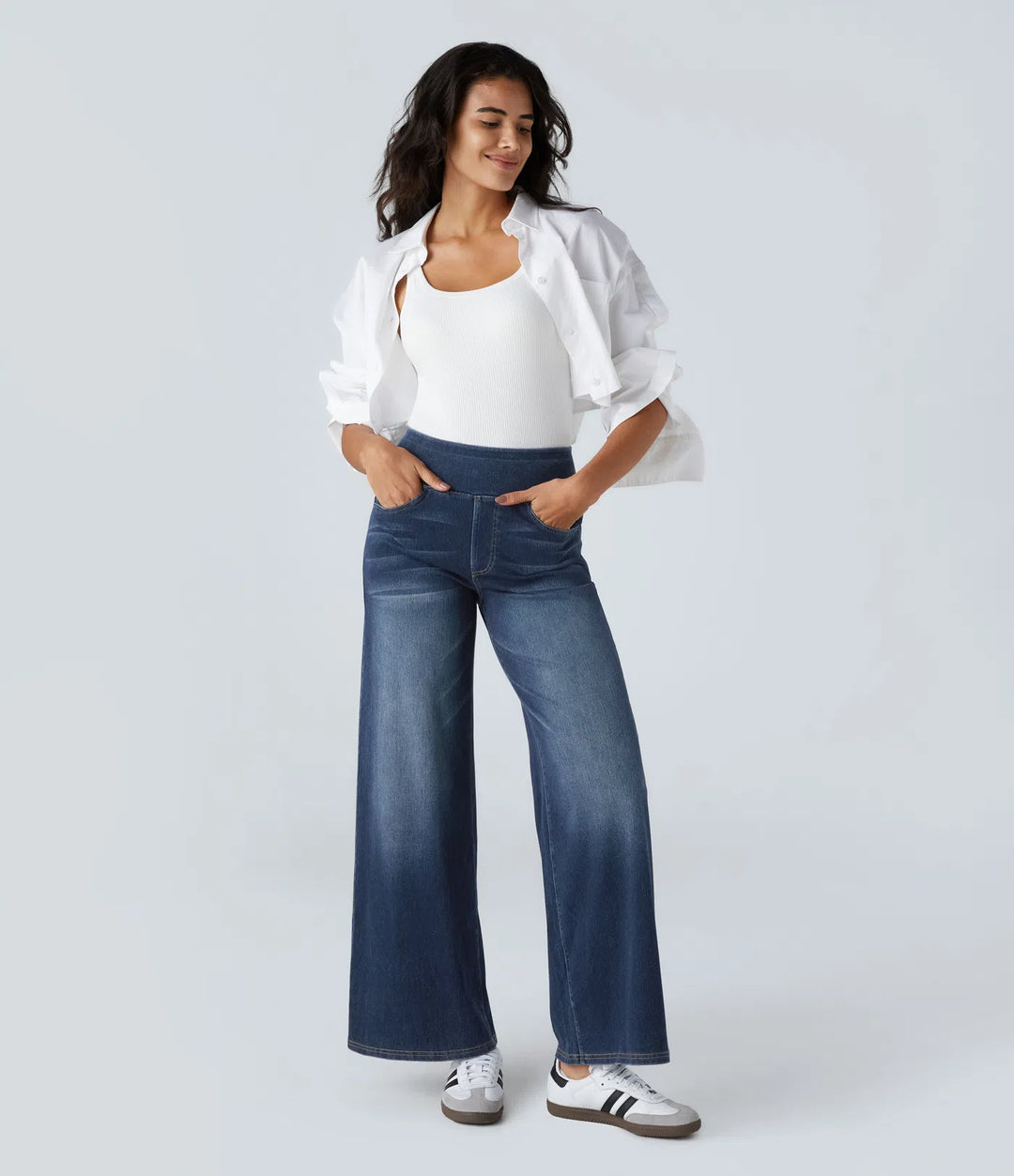 Willow – High Waisted Baggy Wide Leg Knit Jeans with Pockets