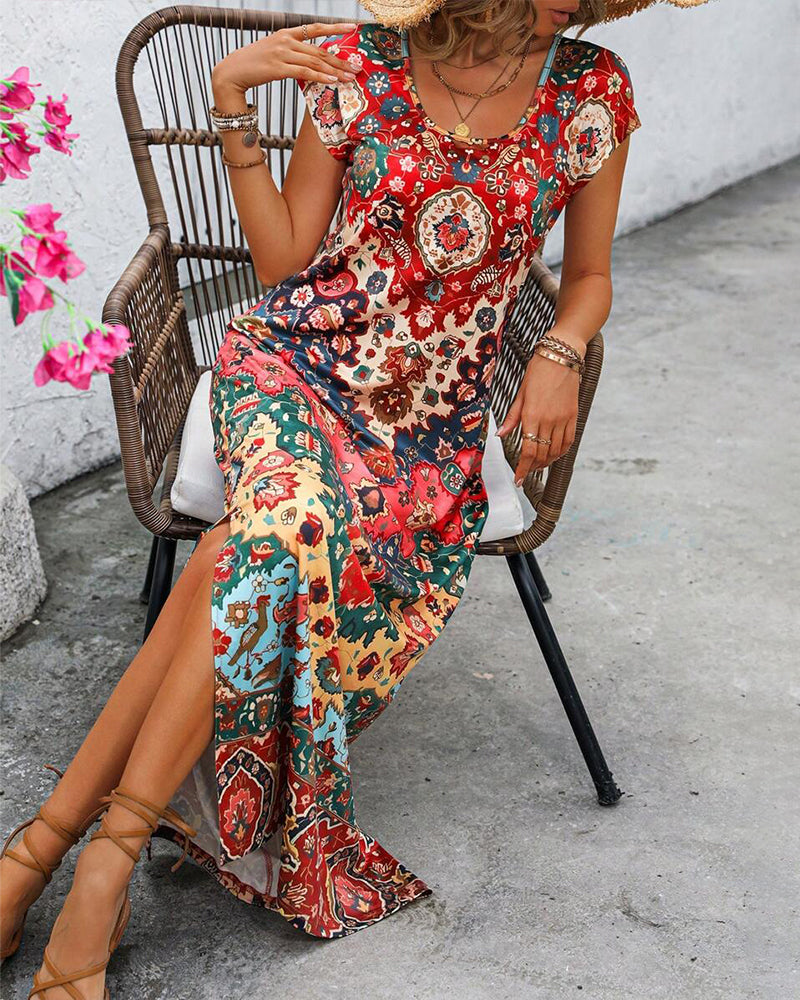 Vibrant Printed Casual Dress with Side Slits