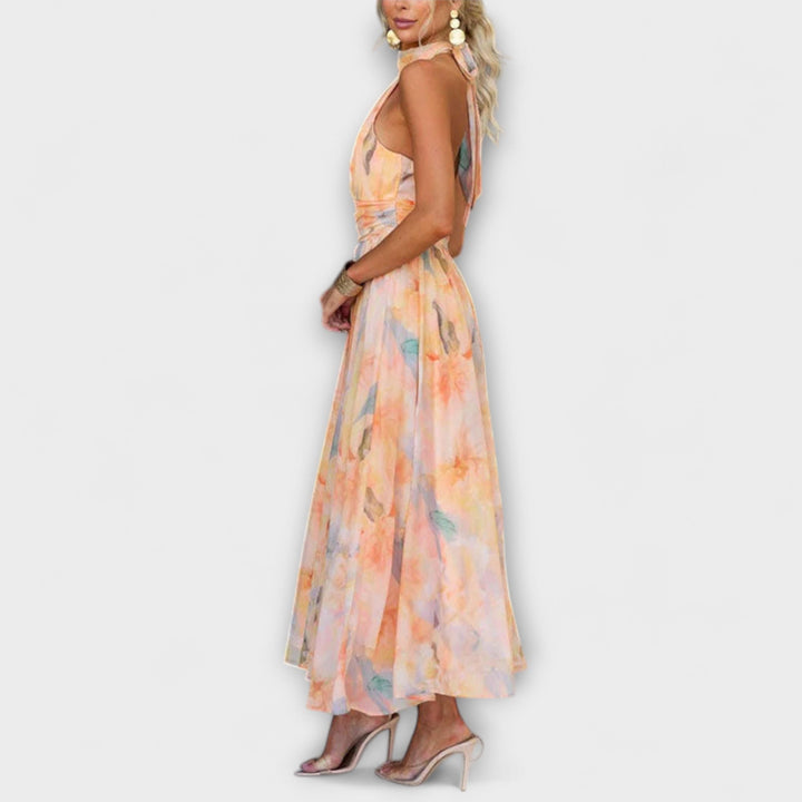 Isalyn™ | Halter-Neck Watercolor Print Maxi Dress