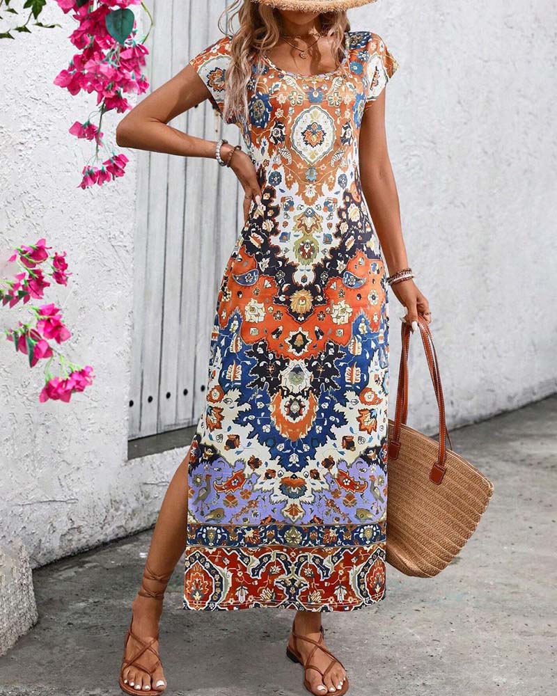 Vibrant Printed Casual Dress with Side Slits