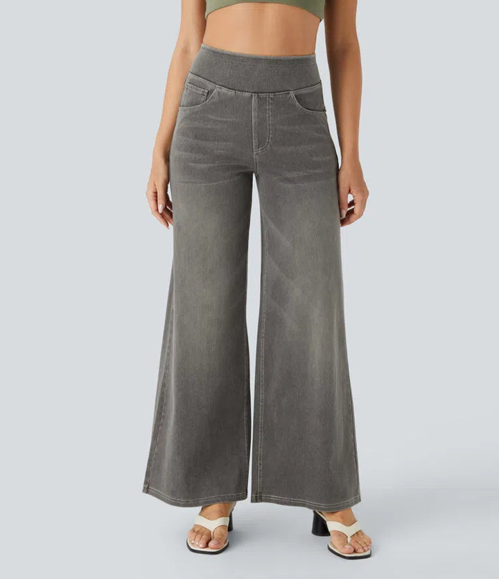 Willow – High Waisted Baggy Wide Leg Knit Jeans with Pockets