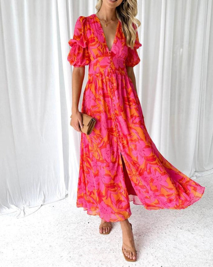 Grace® | Chic V-Neck Maxi Dress Featuring Puff Sleeves