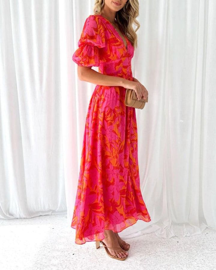 Grace® | Chic V-Neck Maxi Dress Featuring Puff Sleeves