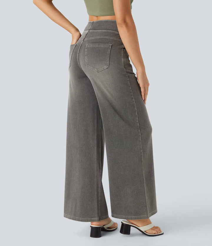 Willow – High Waisted Baggy Wide Leg Knit Jeans with Pockets