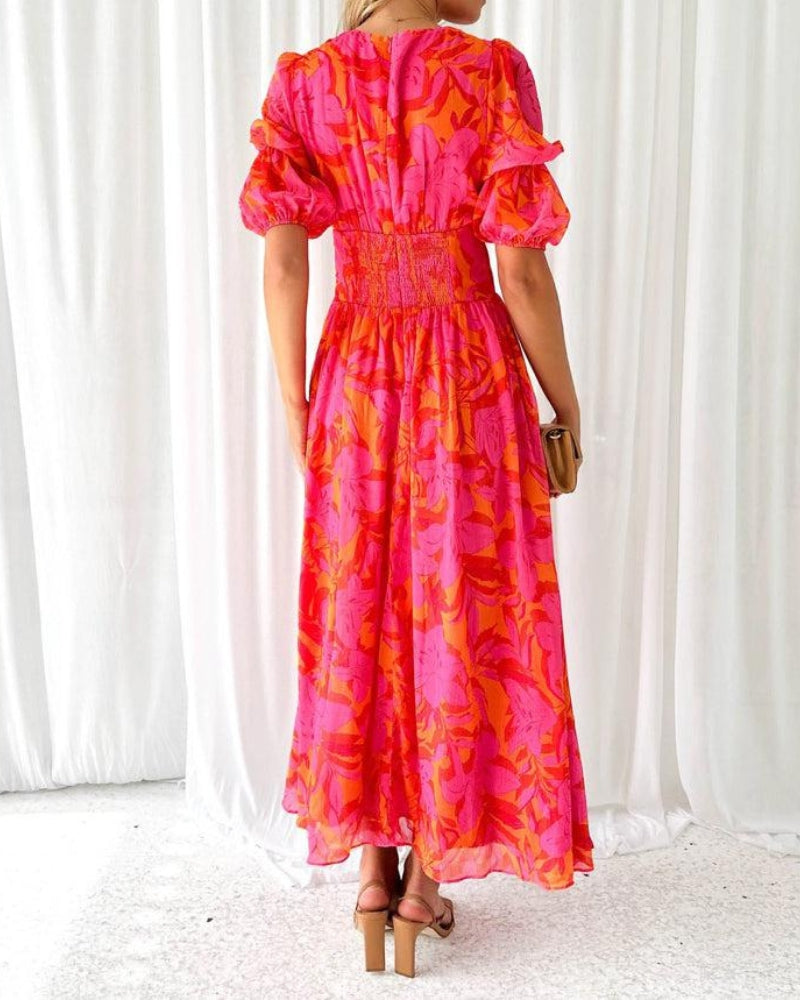 Grace® | Chic V-Neck Maxi Dress Featuring Puff Sleeves