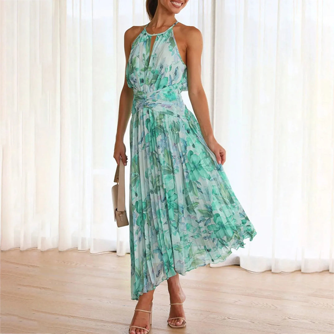 Chloe — Green Floral High-Low Halter Dress