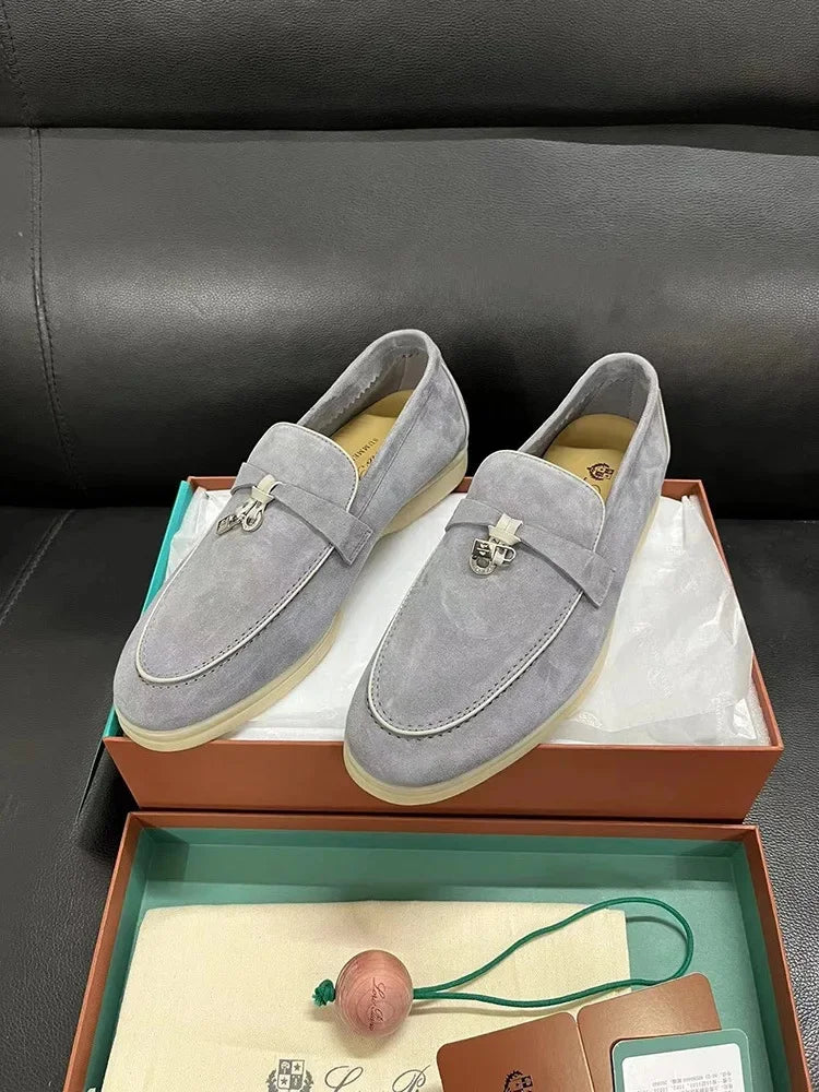 Dingpeng Women's Casual Slippers British Style One Step Lazy Shoes Flat Bottom Fleece Embellished Pendants Leisure Shoes
