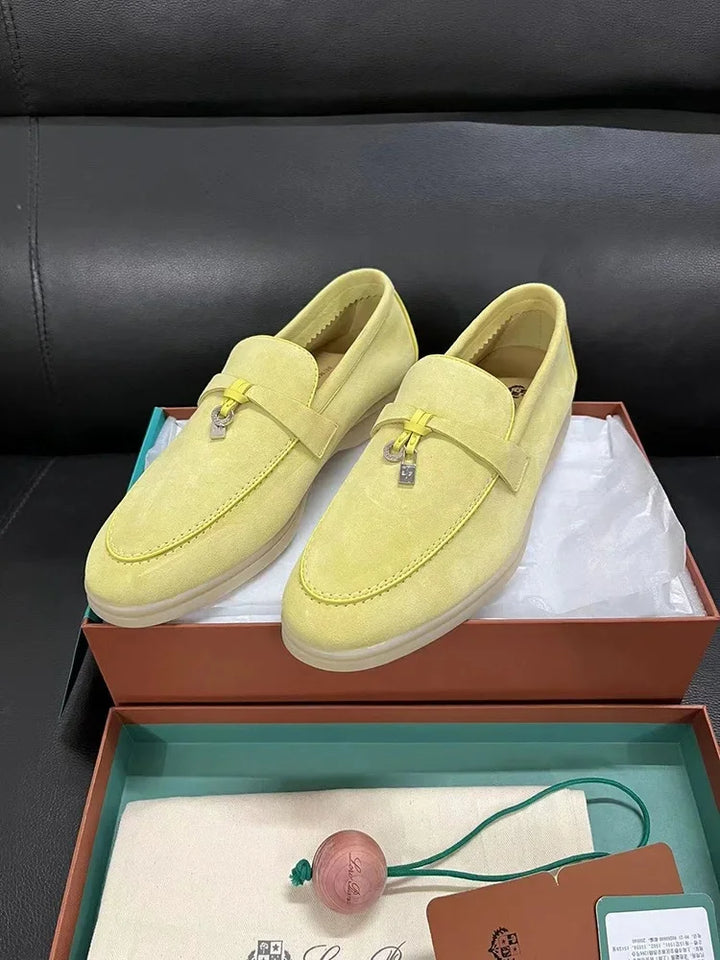 Dingpeng Women's Casual Slippers British Style One Step Lazy Shoes Flat Bottom Fleece Embellished Pendants Leisure Shoes