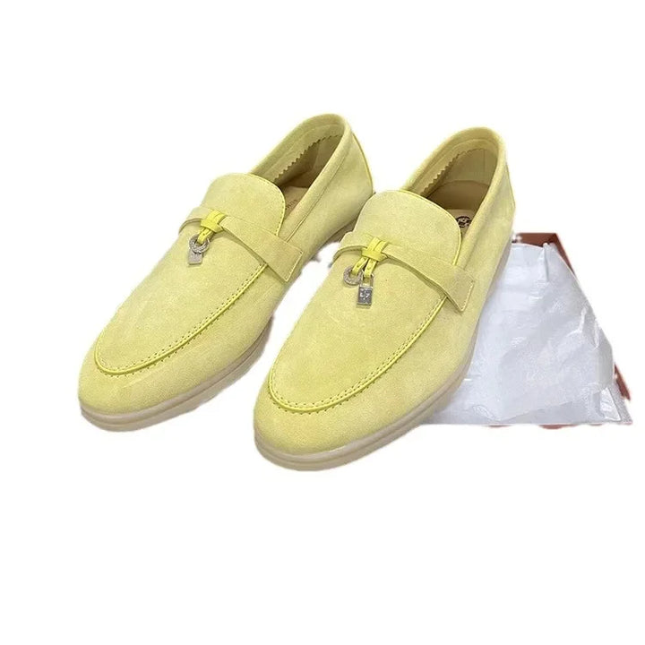 Dingpeng Women's Casual Slippers British Style One Step Lazy Shoes Flat Bottom Fleece Embellished Pendants Leisure Shoes
