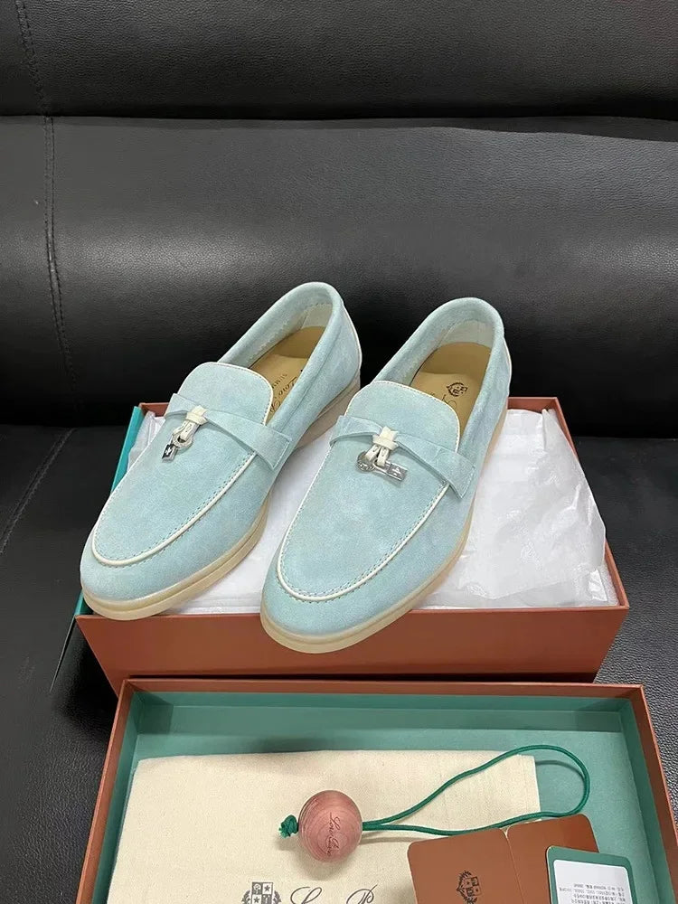 Dingpeng Women's Casual Slippers British Style One Step Lazy Shoes Flat Bottom Fleece Embellished Pendants Leisure Shoes