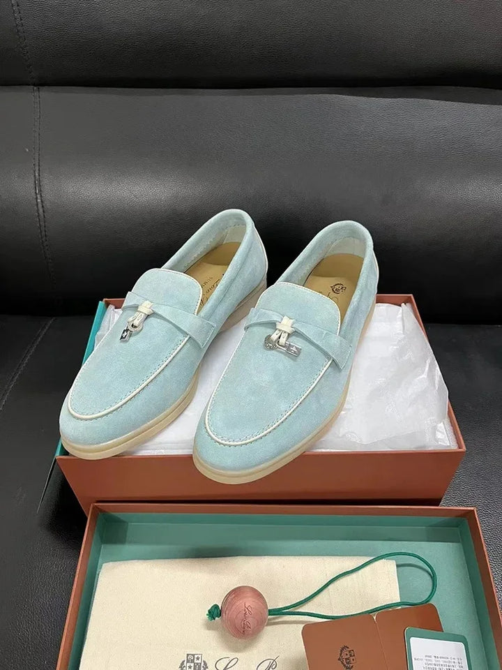 Dingpeng Women's Casual Slippers British Style One Step Lazy Shoes Flat Bottom Fleece Embellished Pendants Leisure Shoes