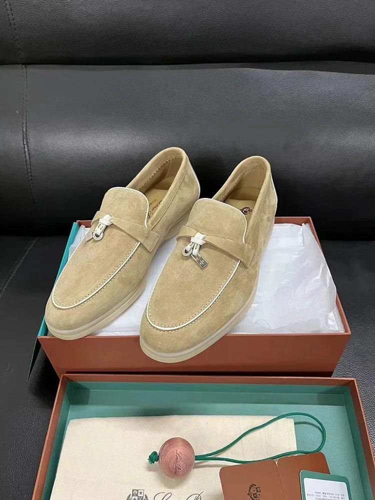 Dingpeng Women's Casual Slippers British Style One Step Lazy Shoes Flat Bottom Fleece Embellished Pendants Leisure Shoes