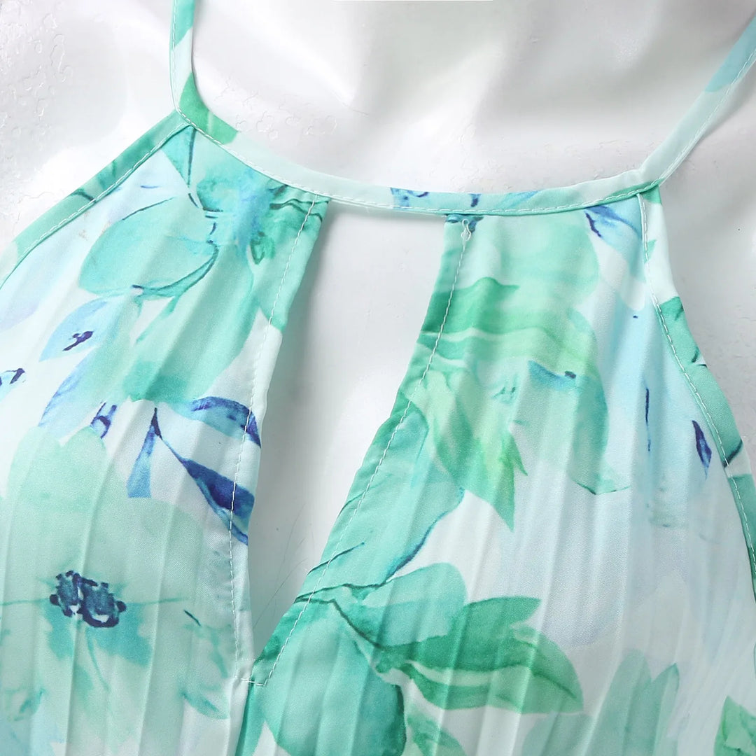 Chloe — Green Floral High-Low Halter Dress