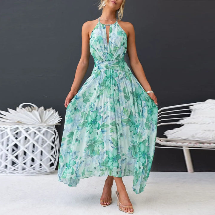 Chloe — Green Floral High-Low Halter Dress