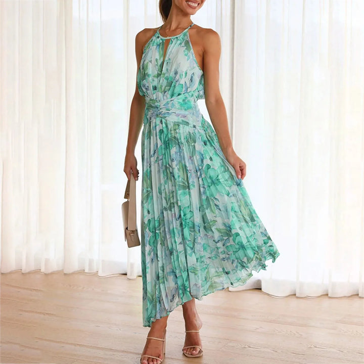 Chloe — Green Floral High-Low Halter Dress