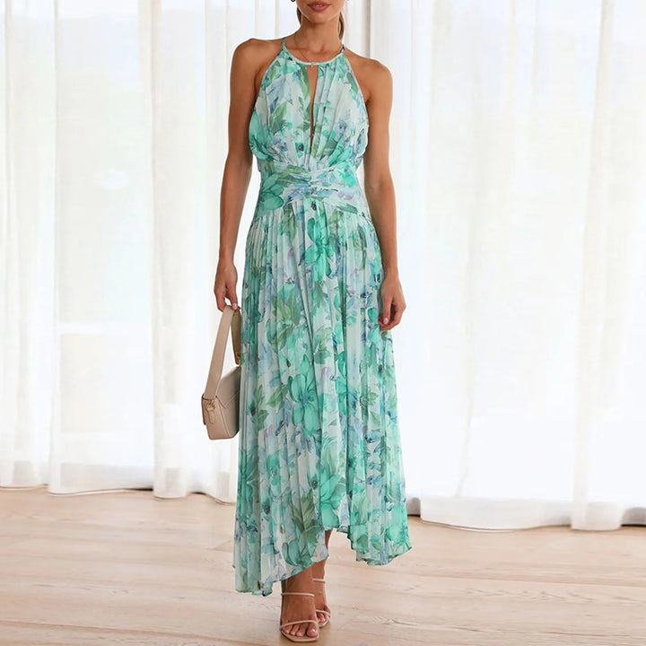 Chloe — Green Floral High-Low Halter Dress