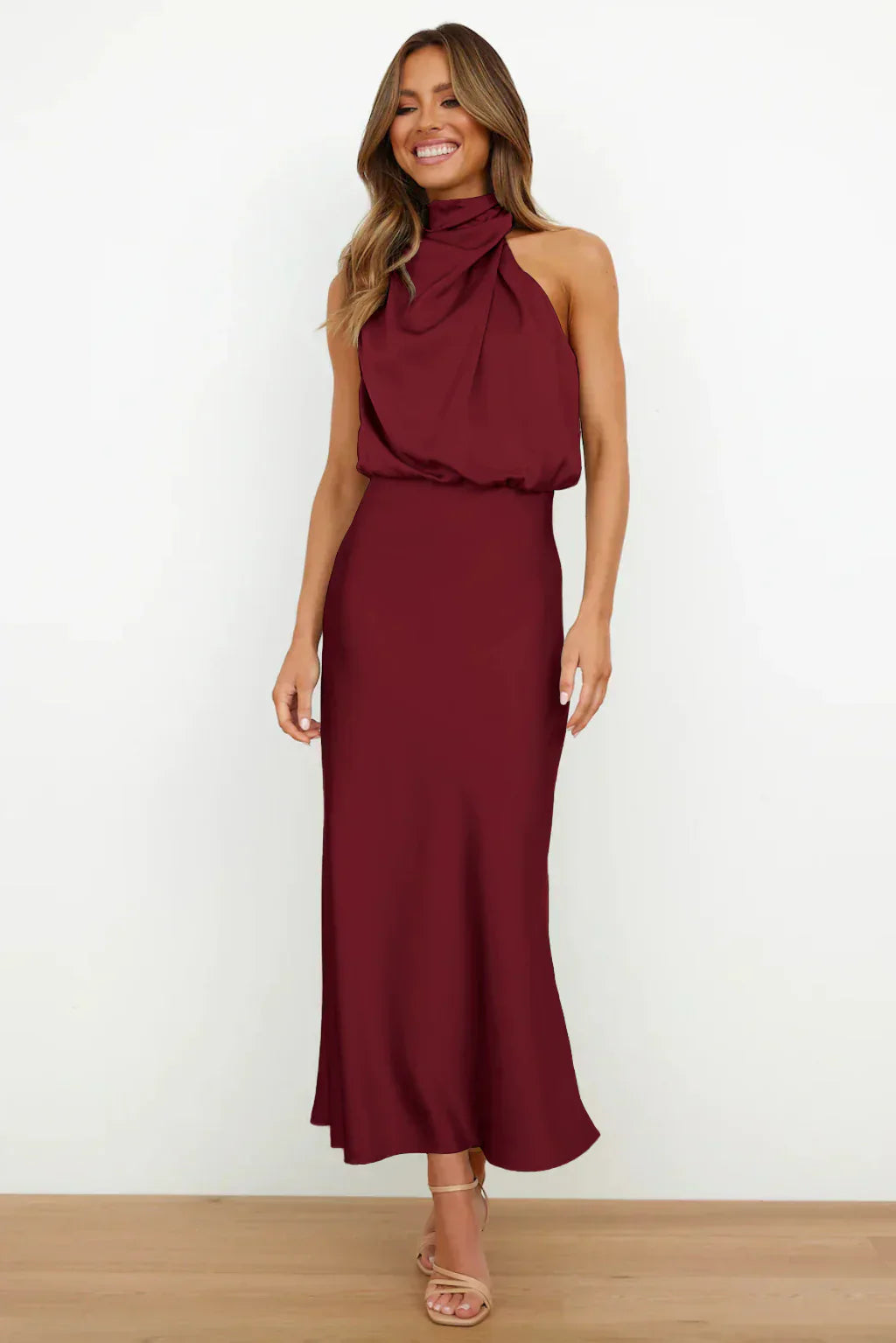 Lily – Elegant Halter Neck Satin Maxi Dress